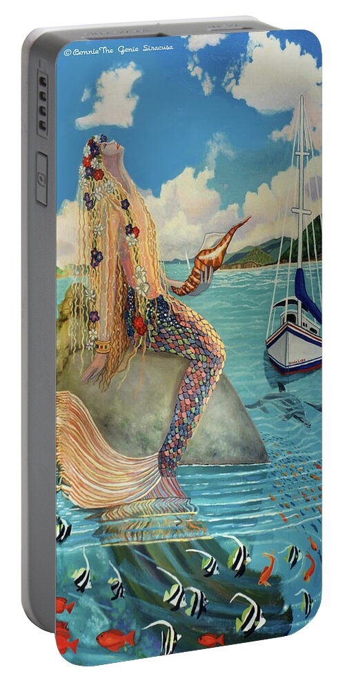 Mermaid Portable Battery Charger featuring the painting Mermaid in Paradise Full Pillow Version by Bonnie Siracusa