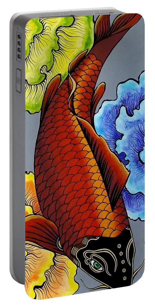  Portable Battery Charger featuring the painting Metallic Koi Fish by Bryon Stewart