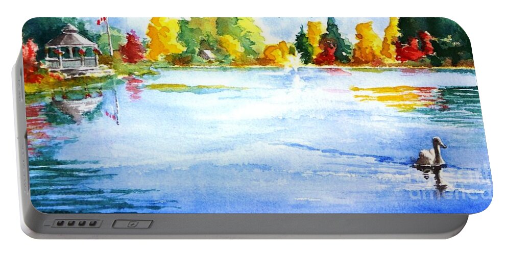 Pond Portable Battery Charger featuring the painting Mill Pond by Petra Burgmann