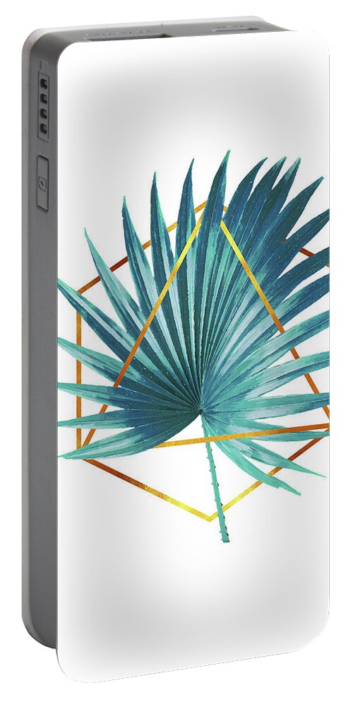 Tropical Palm Leaf Portable Battery Charger featuring the mixed media Minimal Tropical Palm Leaf - Palm and Gold - Gold Geometric Shape - Modern Tropical Wall Art - Blue by Studio Grafiikka