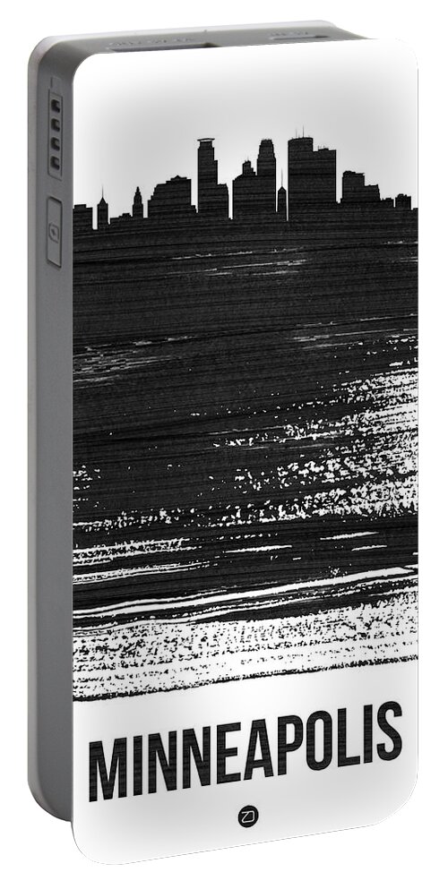 Minneapolis Portable Battery Charger featuring the mixed media Minneapolis Skyline Brush Stroke Black by Naxart Studio