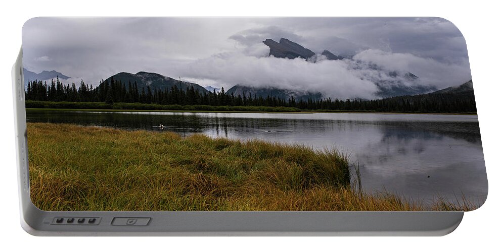 Banff Portable Battery Charger featuring the photograph Misty day on Vermillion Lake Banff Canada Alberta Clouds by Toby McGuire