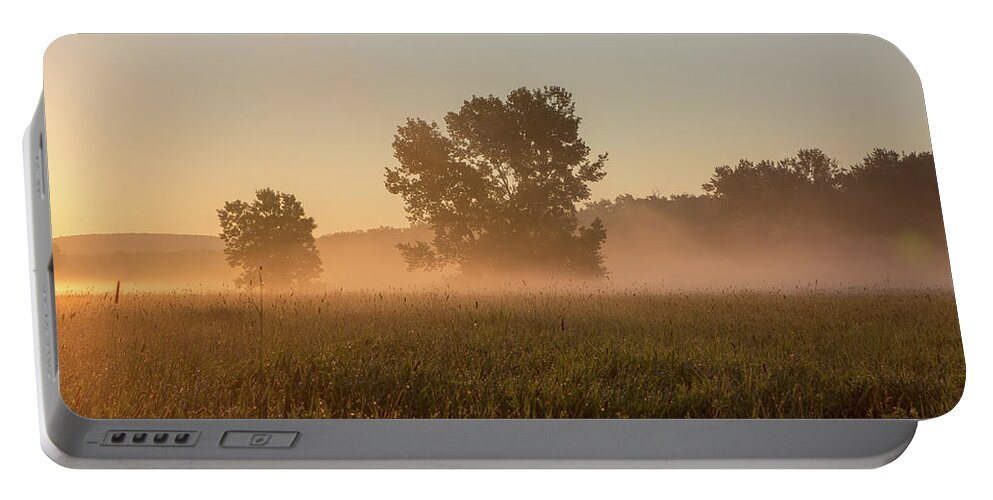 Tree Portable Battery Charger featuring the photograph Misty Morning in the Great Meadows by Kyle Lee