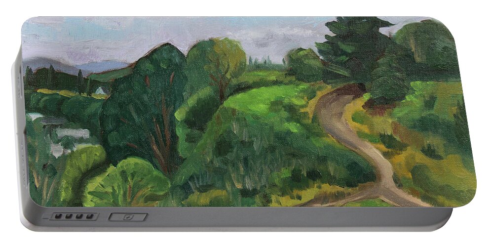 Oregon Portable Battery Charger featuring the painting Mockingbird's View by Tara D Kemp