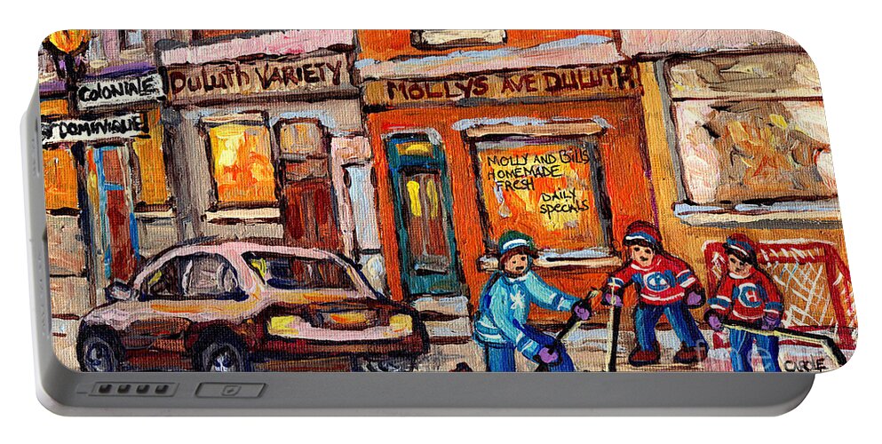 Montreal Portable Battery Charger featuring the painting Molly And Bill's Duluth Near Coloniale And St Dominique C Spandau Plateau Mont Royal Hockey Artist by Carole Spandau