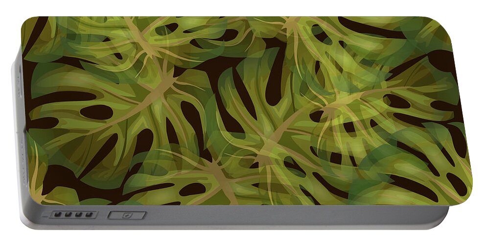 Monstera Portable Battery Charger featuring the mixed media Monstera Leaf Pattern 3 - Tropical Leaf Pattern - Dark Green - Tropical, Botanical Pattern Design by Studio Grafiikka