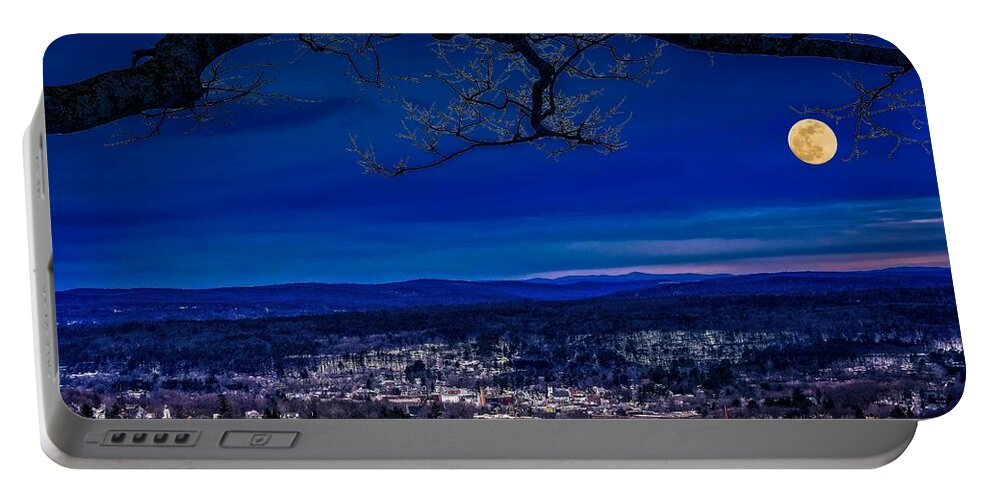 Tully Pond Portable Battery Charger featuring the photograph Moon Over Athol, Massachusetts by Mitchell R Grosky