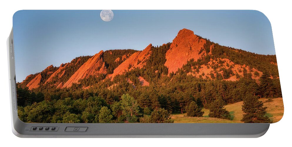 Boulder Portable Battery Charger featuring the photograph Moonset over the Flatirons by Darren White