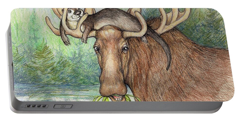 Moose Portable Battery Charger featuring the painting Moose and Otter by Peggy Wilson
