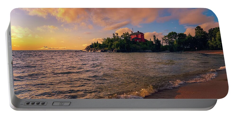 Morning At Marquette Harbor Light 2 Portable Battery Charger featuring the photograph Morning at Marquette Harbor Light 2 by Rachel Cohen