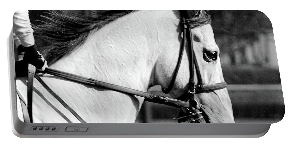 Monochrome Portable Battery Charger featuring the photograph Morning Gallop by Minnie Gallman
