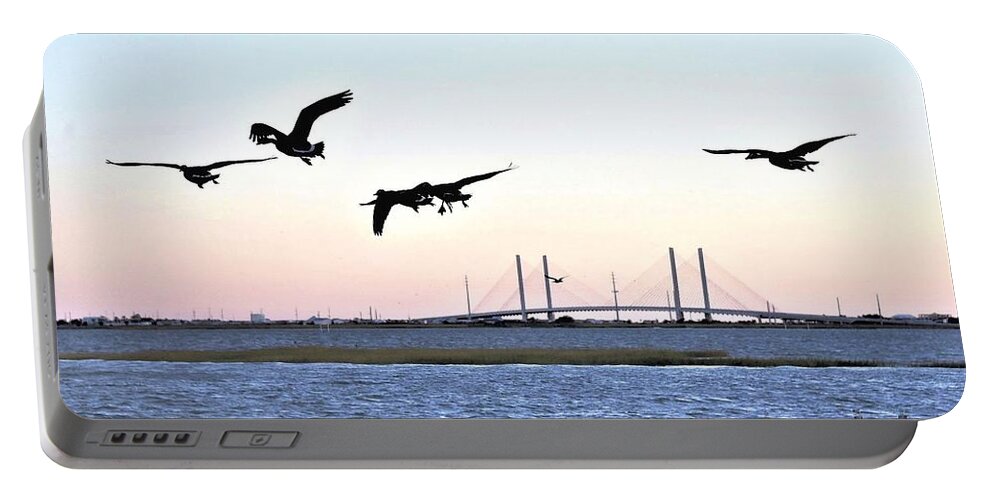 Indian River Bridge Portable Battery Charger featuring the photograph Morning Geese Flight - Indian River Inlet Bridge by Kim Bemis