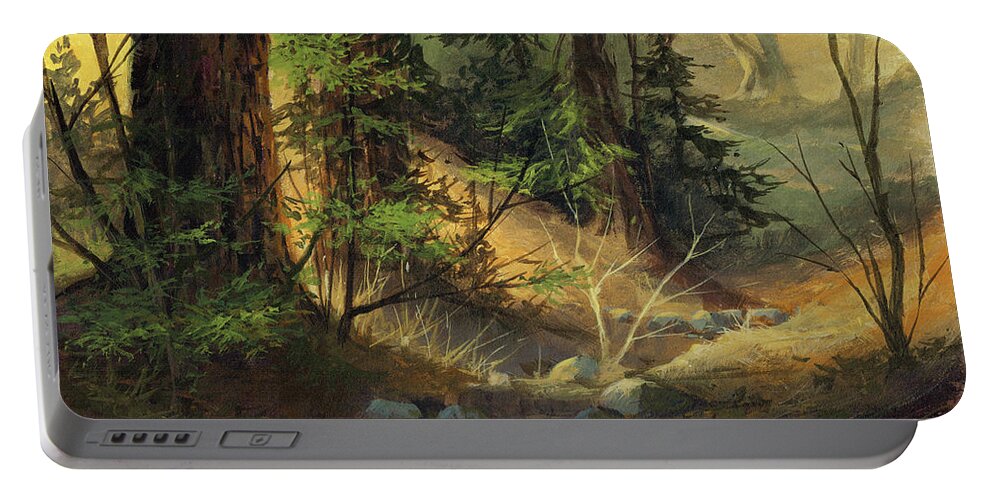 Michael Humphries Portable Battery Charger featuring the painting Morning Redwoods by Michael Humphries