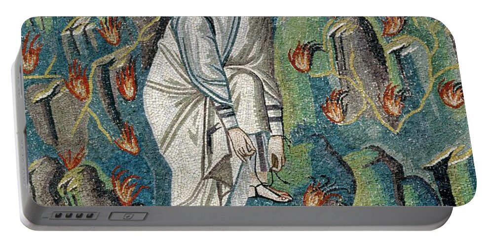 Moses Portable Battery Charger featuring the painting Mosaic of Moses loosening sandal on Mt. Horeb or Sinai at God's command from burning bush in Basi... by Album