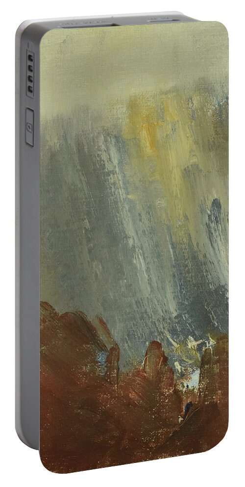 Landskap Portable Battery Charger featuring the painting Mountain Side In Autumn Mist at Saelen in Sweden_4298_clean_up by Marica Ohlsson