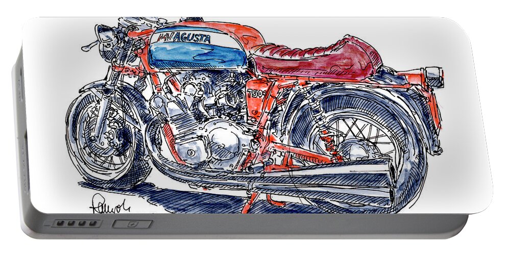 Motorbike Portable Battery Charger featuring the drawing MV Agusta 750 S Classic Motorcycle Ink Drawing and Watercolor by Frank Ramspott
