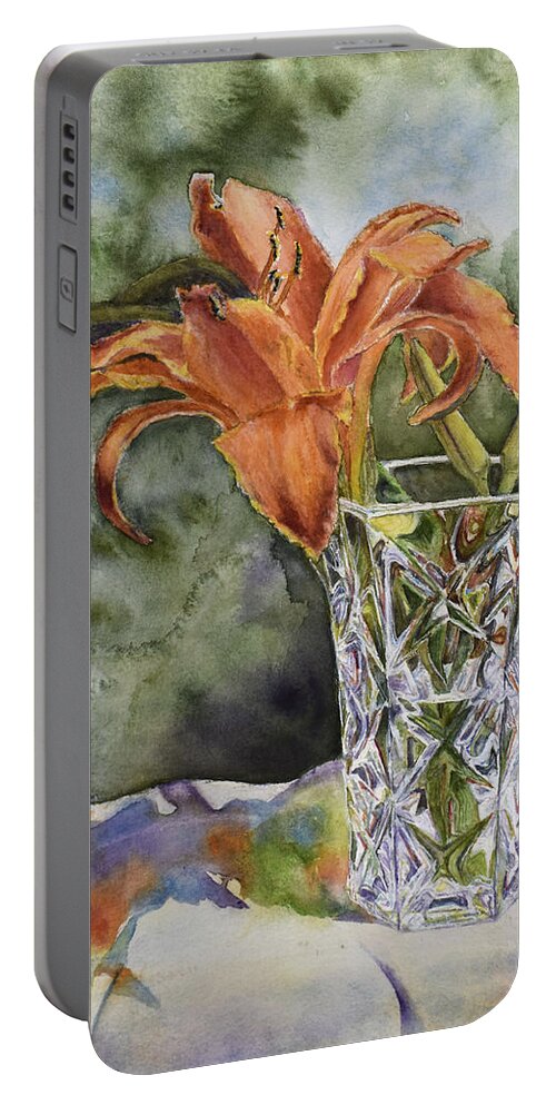 Flower Portable Battery Charger featuring the painting My Double Daylily by Wendy Keeney-Kennicutt