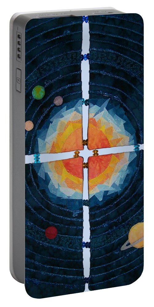 Art Quilt Portable Battery Charger featuring the tapestry - textile My Very Educated Mother Just Said Uh-Oh, No Pluto by Pam Geisel