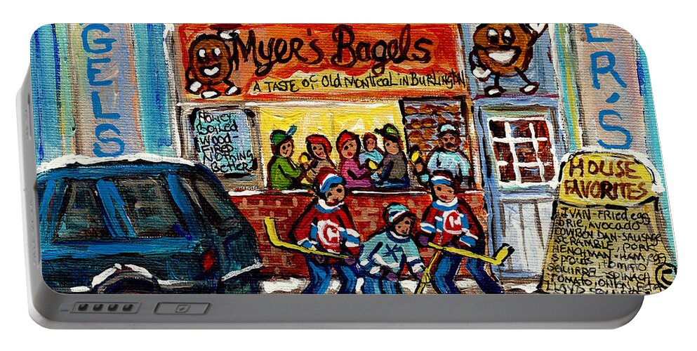 Montreal Portable Battery Charger featuring the painting Myer's Bagel Cafe Burlington Vermont Bakery Painting Hockey Art Winter Scene C Spandau Resto Artist by Carole Spandau