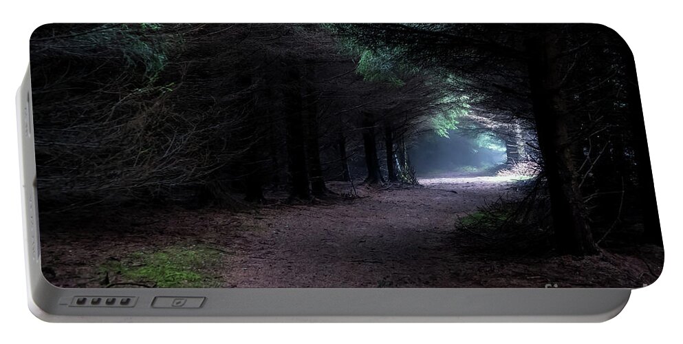 Wood Portable Battery Charger featuring the photograph Narrow Path Through Foggy Mysterious Forest by Andreas Berthold