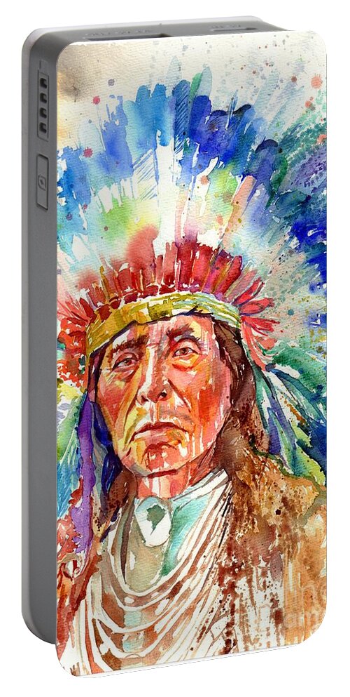 Iowa Portable Battery Charger featuring the painting Native American Chief by Suzann Sines