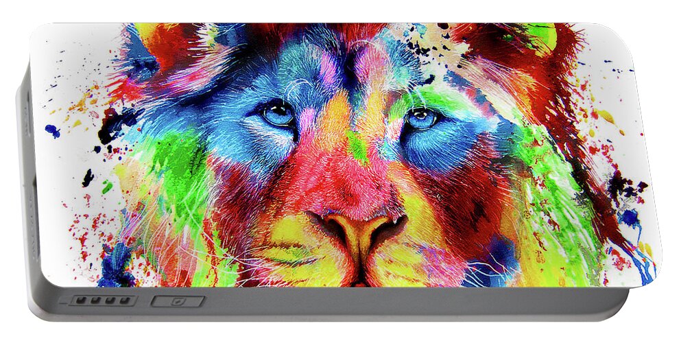 Lion Portable Battery Charger featuring the painting Neon Lion - colourful ink spatter painting by Peter Williams