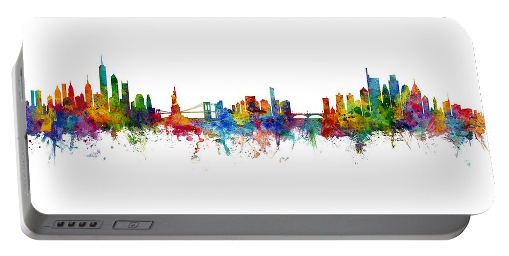 New York Portable Battery Charger featuring the digital art New York and Philadelphia Skylines Mashup by Michael Tompsett