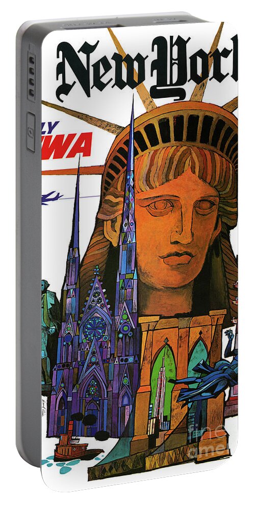 Vintage Portable Battery Charger featuring the drawing New York Vintage Poster Restored by Vintage Treasure