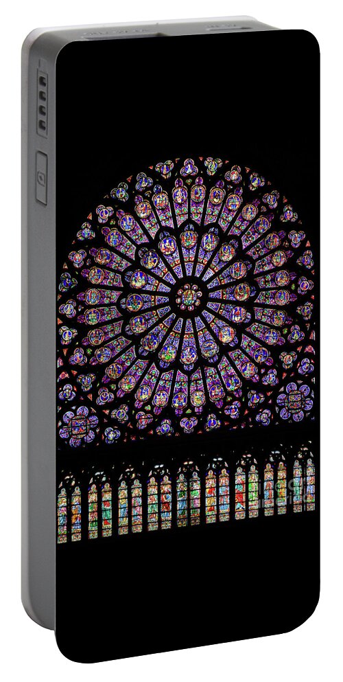 France Portable Battery Charger featuring the photograph North Rose Window of Notre Dame Cathedral by Doc Braham