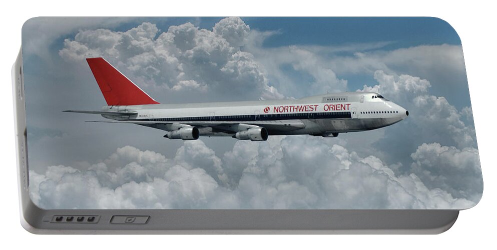 Northwest Orient Airlines Portable Battery Charger featuring the mixed media Northwest Orient Among the Clouds by Erik Simonsen