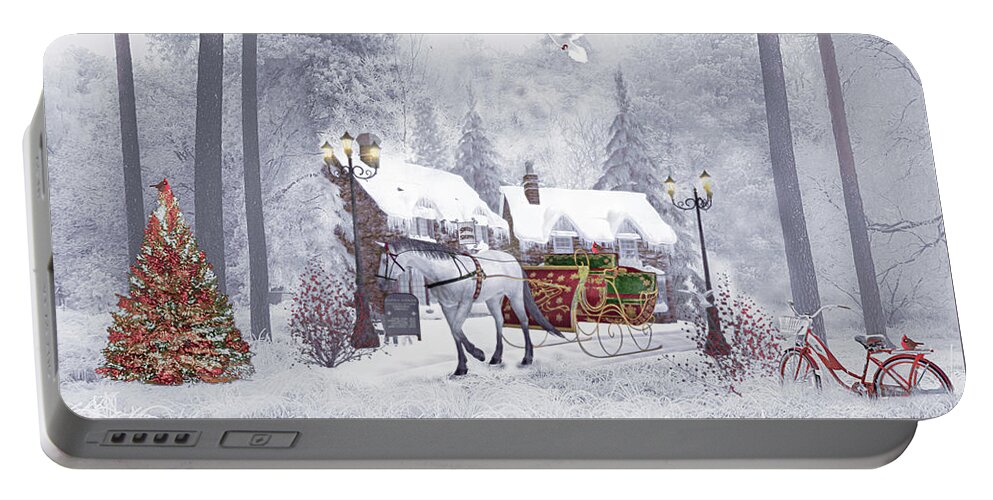 Barn Portable Battery Charger featuring the digital art Nostalgic Christmas Buggy Ride by Debra and Dave Vanderlaan