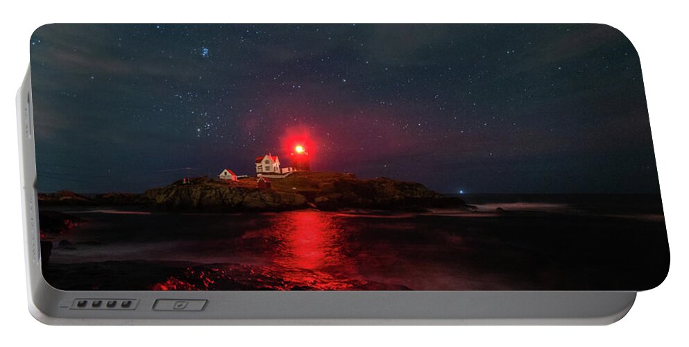 Lighthouse Portable Battery Charger featuring the photograph Nubble at Night in Pano Format by Rod Best