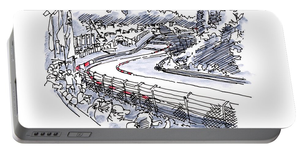 Nuerburgring Portable Battery Charger featuring the drawing Nuerburgring Nordschleife Hatzenbach Racetrack Ink Drawing and W by Frank Ramspott