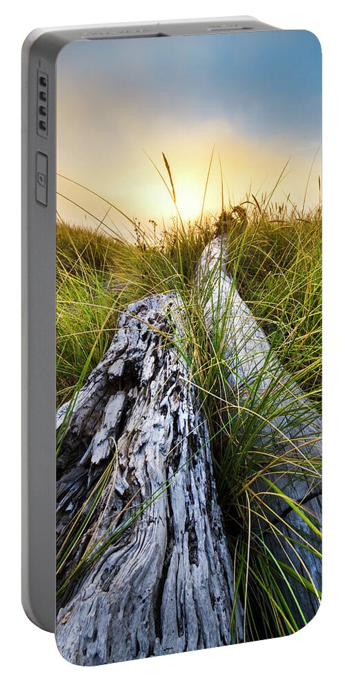 Clouds Portable Battery Charger featuring the photograph Ocean Driftwood by Debra and Dave Vanderlaan