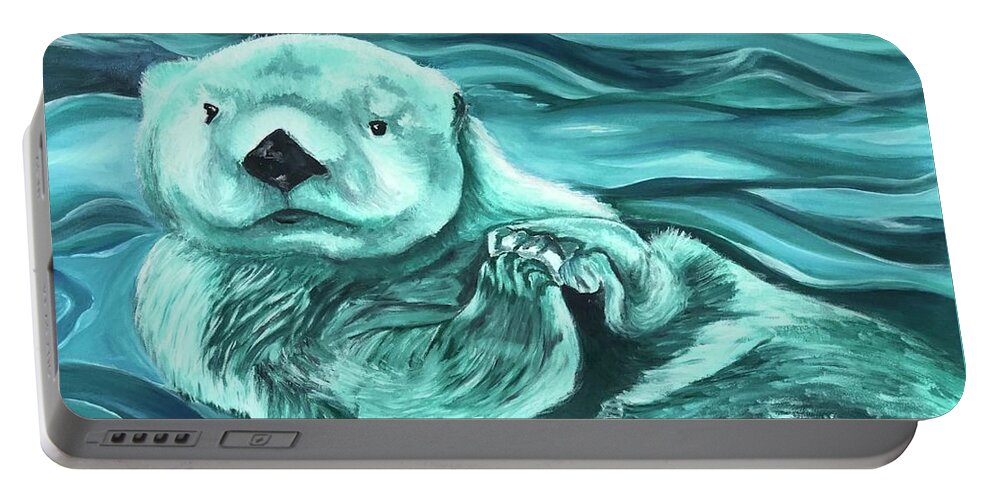 Ocean Palm Elementary Portable Battery Charger featuring the painting Ocean Palm Elementary Otter by Althia Prinsloo