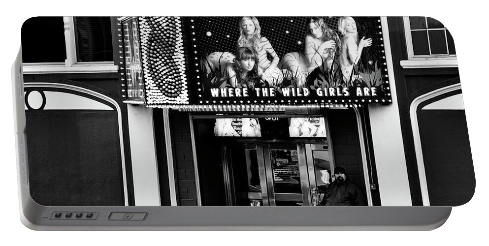 Farrell Portable Battery Charger featuring the photograph O'Farrell Theatre entrance BW by RicardMN Photography