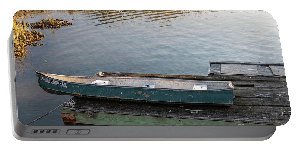 Canoe Portable Battery Charger featuring the photograph Old Canoe on Dock in Shem Creek by Dale Powell