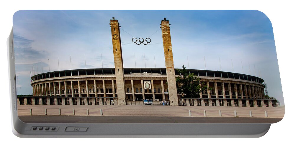 Olympic Stadium Portable Battery Charger featuring the mixed media Olympic Stadium Berlin by Smart Aviation