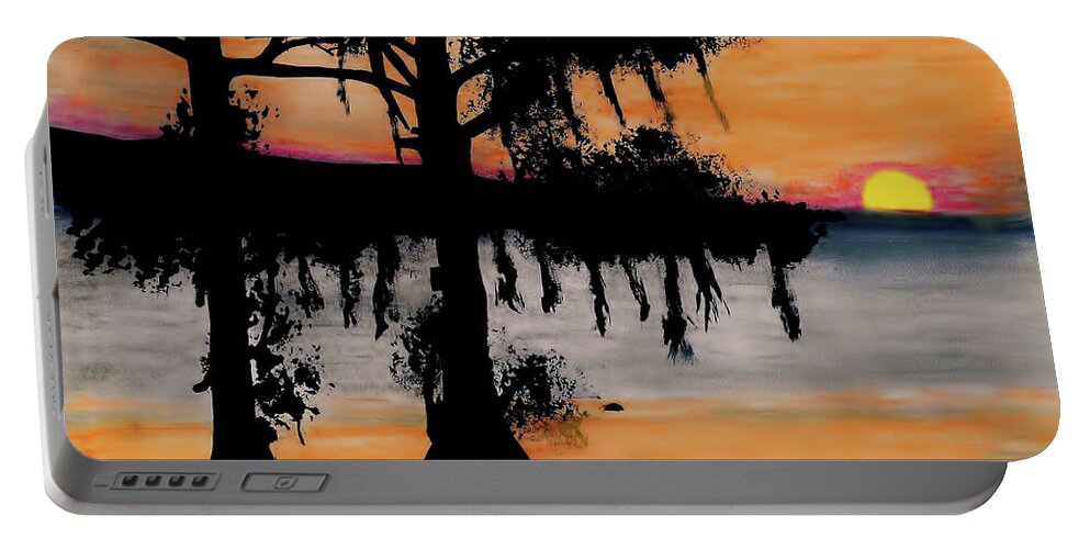 Sunset Portable Battery Charger featuring the drawing Orange Cypress Sunset by D Hackett