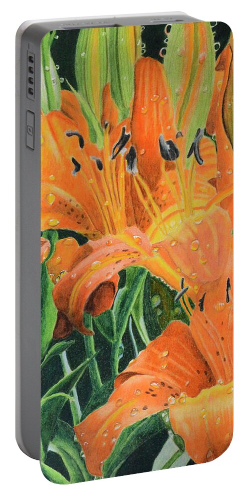 Color Pencil Portable Battery Charger featuring the painting Orange Lilly's by Wade Clark