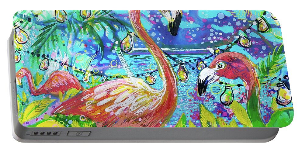 Flamingo Portable Battery Charger featuring the painting Outdoor flamingo party by Tilly Strauss