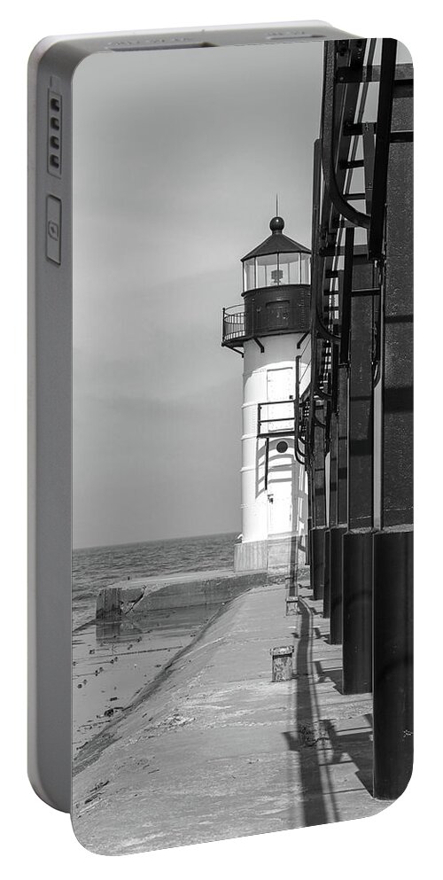 Lighthouse Portable Battery Charger featuring the photograph Outer Lighthouse B/W by Mary Anne Delgado
