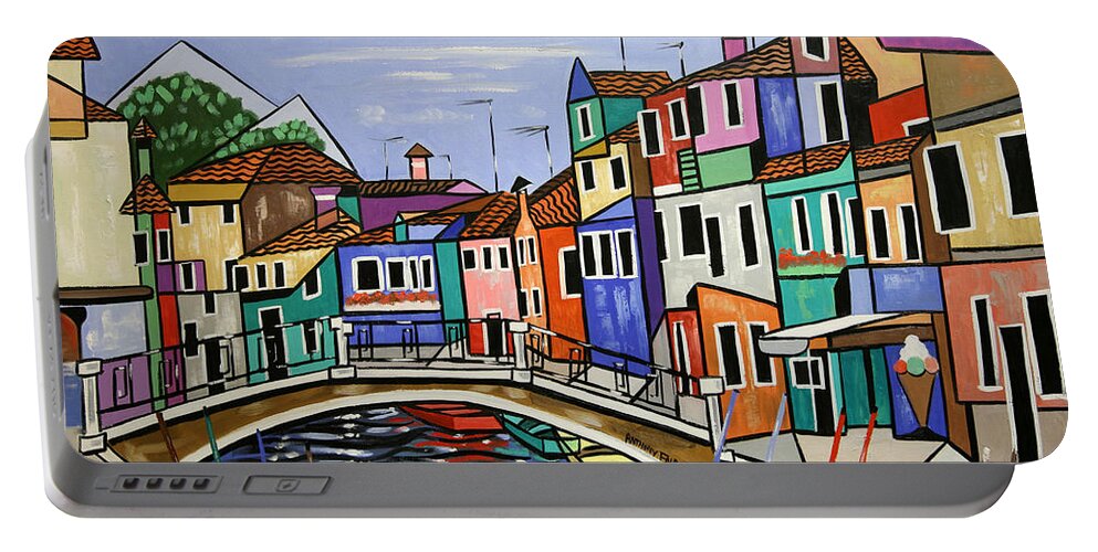 Cubism Portable Battery Charger featuring the painting Painted Buildings burano Venice by Anthony Falbo