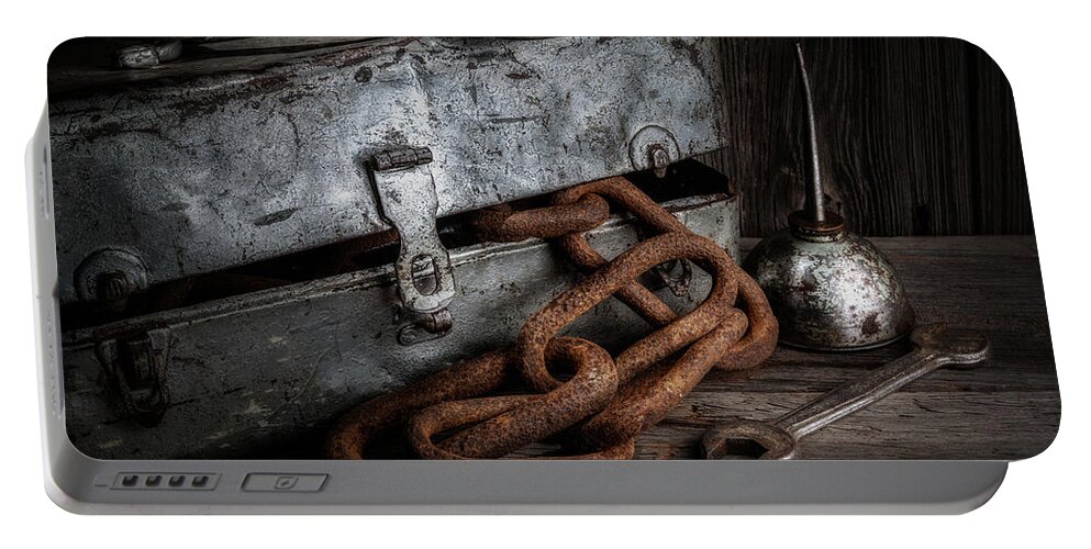 Bench Portable Battery Charger featuring the photograph Painted Toolbox and Chain by Tom Mc Nemar