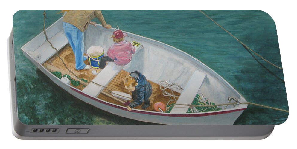 Painting Dad With Three Kids In Boat At Solva Pembrokeshire Wales Portable Battery Charger featuring the painting Painting Dad with Three Kids in Boat at Solva Pembrokeshire Wales by Edward McNaught-Davis