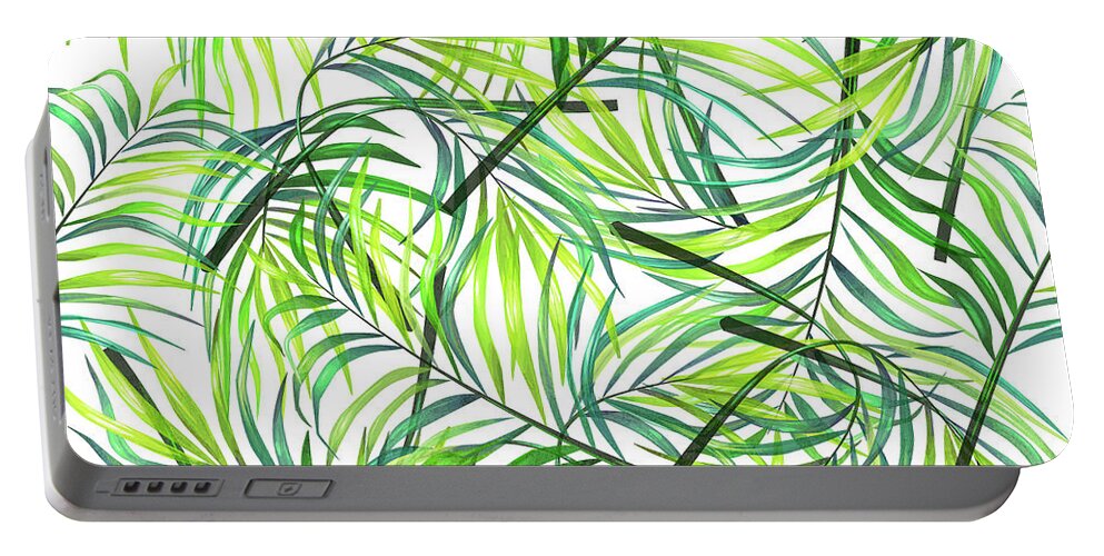 Palm Portable Battery Charger featuring the mixed media Palm Leaf Pattern 1 - Tropical Leaf Pattern - Green, White - Tropical, Botanical Pattern Design by Studio Grafiikka