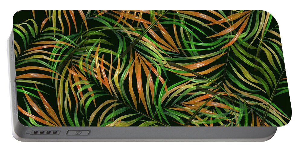 Palm Portable Battery Charger featuring the mixed media Palm Leaf Pattern 3 - Tropical Leaf Pattern - Green, Orange - Tropical, Botanical Pattern Design by Studio Grafiikka