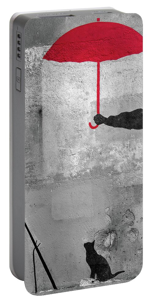Paris Portable Battery Charger featuring the photograph Paris Graffiti Man With Red Umbrella by Gigi Ebert