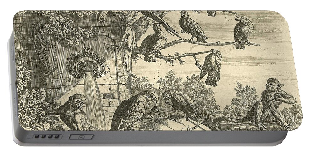 18th Century Art Portable Battery Charger featuring the relief Parrots and Monkeys at a Garden Fountain by Pieter Casteels