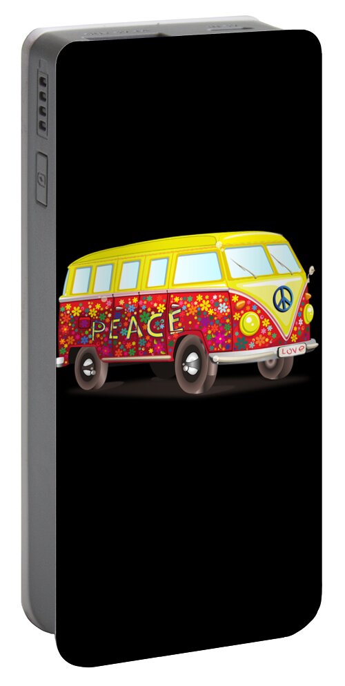 Cool Portable Battery Charger featuring the digital art Peace And Love Hippy Van by Flippin Sweet Gear